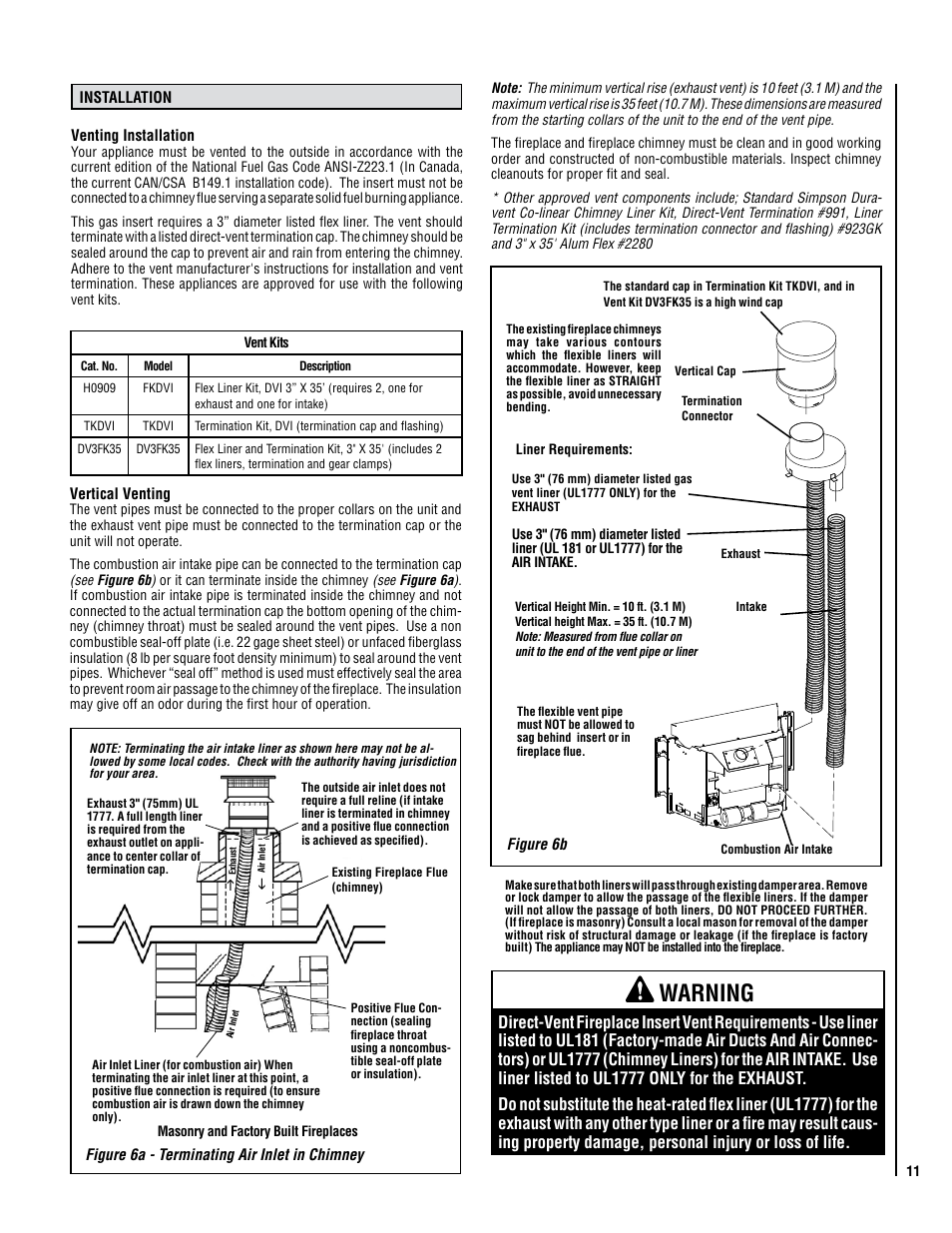 Warning | Lennox Hearth DIRECT-VENT RAVENNA SDVI33/40 User Manual | Page 11 / 30