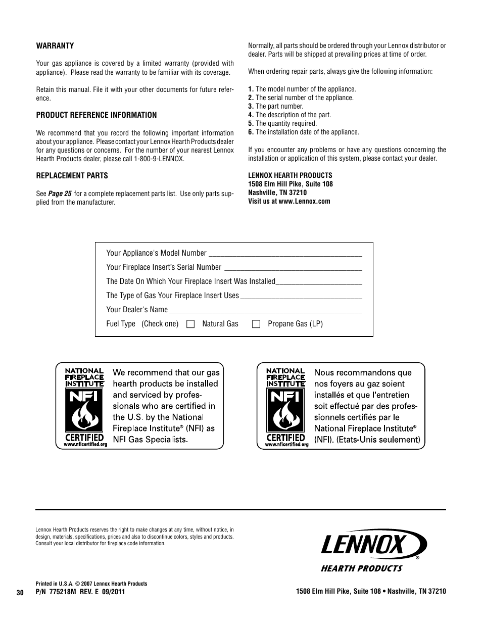 Lennox Hearth DIRECT-VENT RAVENNA SDVI33/40 User Manual | Page 30 / 30