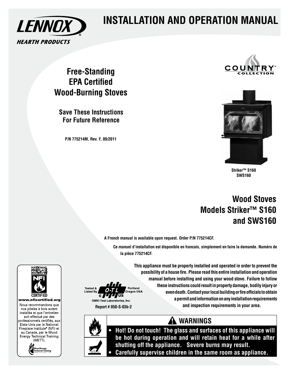 Lennox Hearth STRIKER SWS160 User Manual | 32 pages