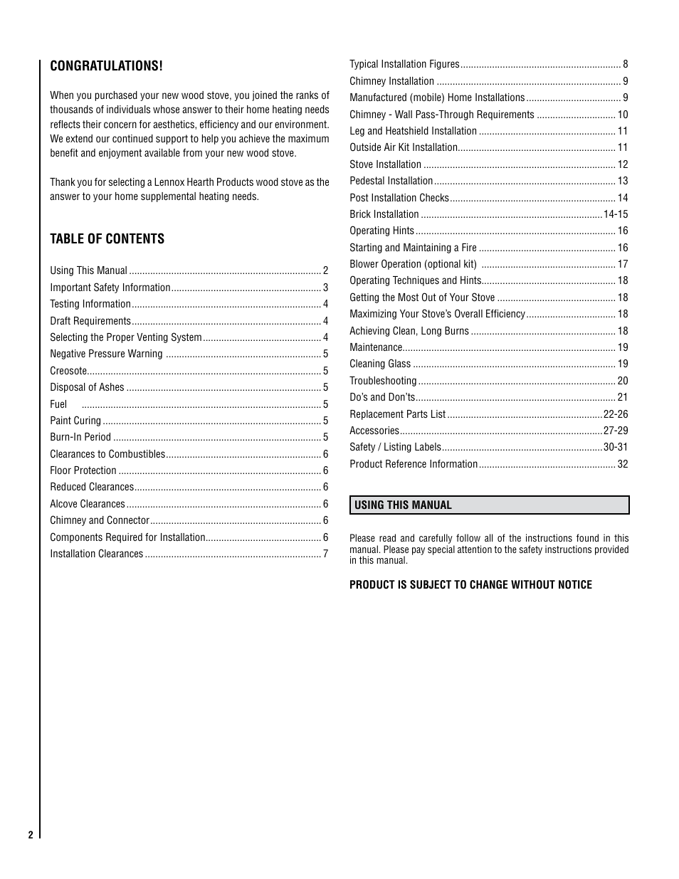 Lennox Hearth STRIKER SWS160 User Manual | Page 2 / 32