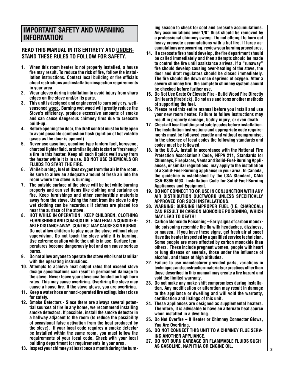 Important safety and warniing information | Lennox Hearth STRIKER SWS160 User Manual | Page 3 / 32