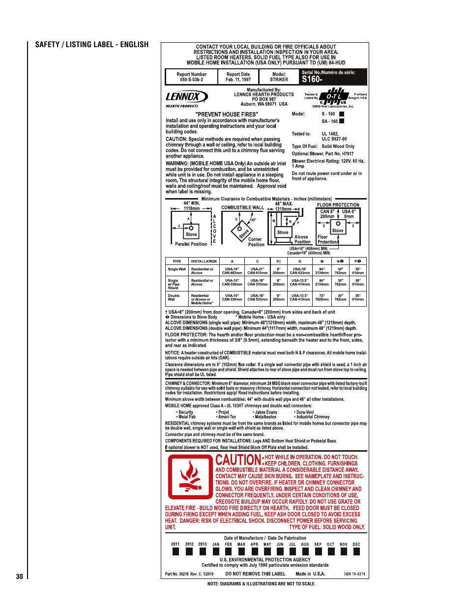Safety / listing label - english | Lennox Hearth STRIKER SWS160 User Manual | Page 30 / 32