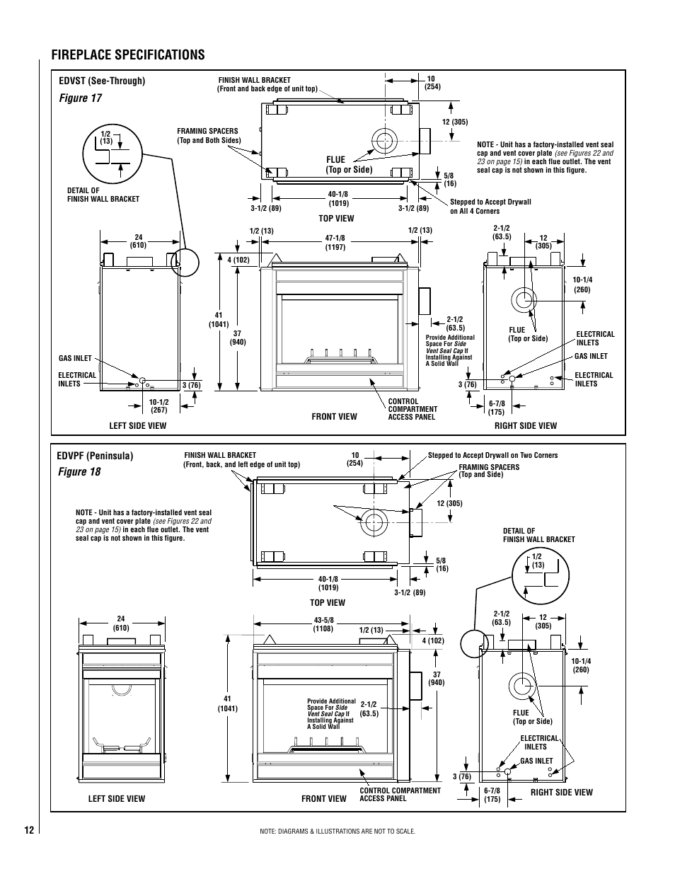 Fireplace specifications, Figure 18, Figure 17 | Edvpf (peninsula) | Lennox Hearth ELITE EDVCRPM-B User Manual | Page 12 / 44