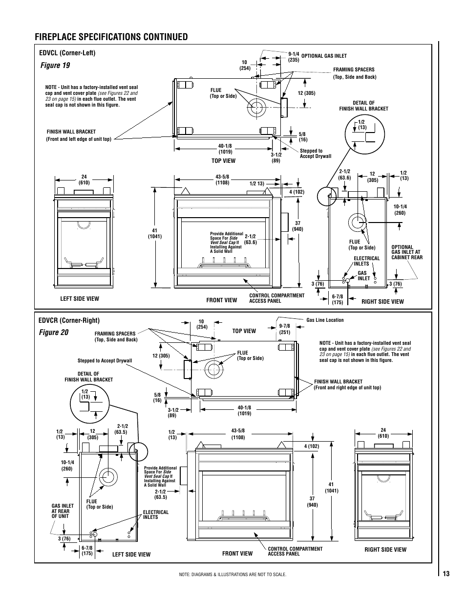 Fireplace specifications continued, Figure 20 figure 19, Edvcl (corner-left) | Edvcr (corner-right) | Lennox Hearth ELITE EDVCRPM-B User Manual | Page 13 / 44