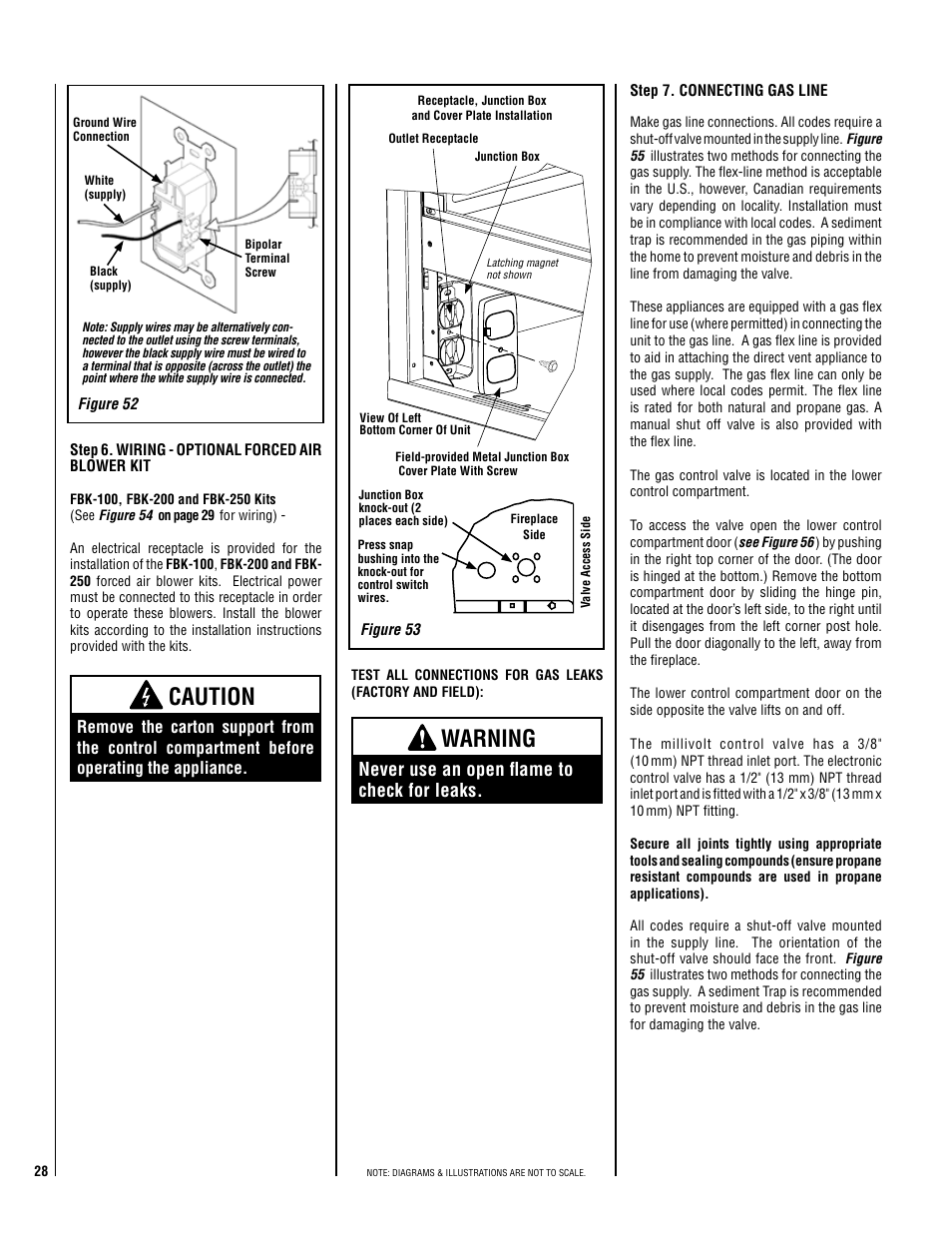 Caution, Warning, Never use an open flame to check for leaks | Lennox Hearth ELITE EDVCRPM-B User Manual | Page 28 / 44