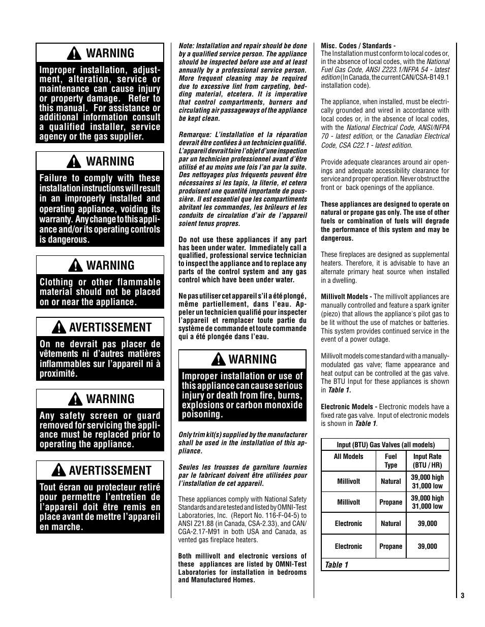 Warning, Avertissement | Lennox Hearth ELITE EDVCRPM-B User Manual | Page 3 / 44