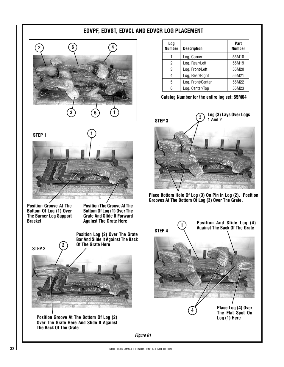 Edvpf, edvst, edvcl and edvcr log placement | Lennox Hearth ELITE EDVCRPM-B User Manual | Page 32 / 44