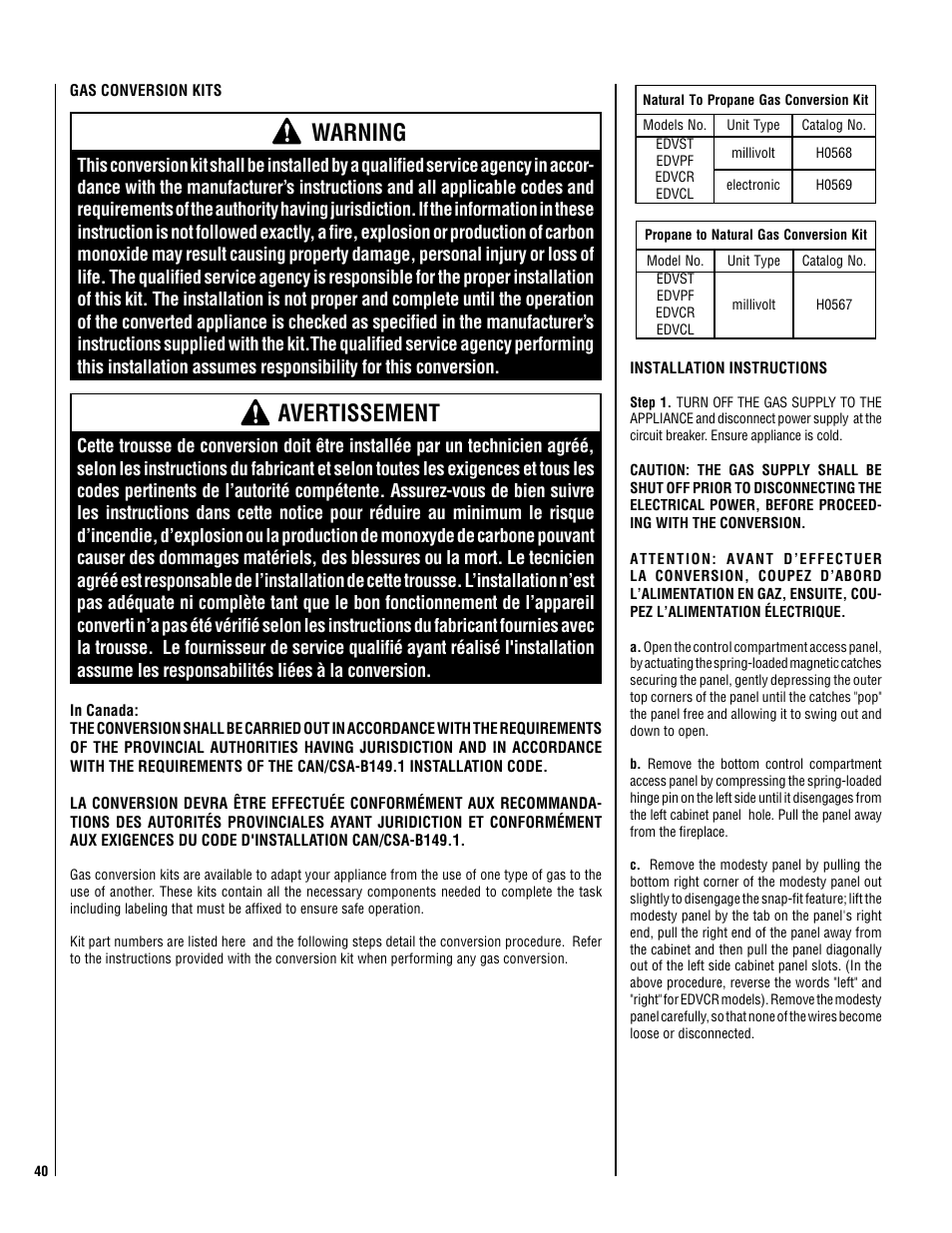 Warning, Avertissement | Lennox Hearth ELITE EDVCRPM-B User Manual | Page 40 / 44