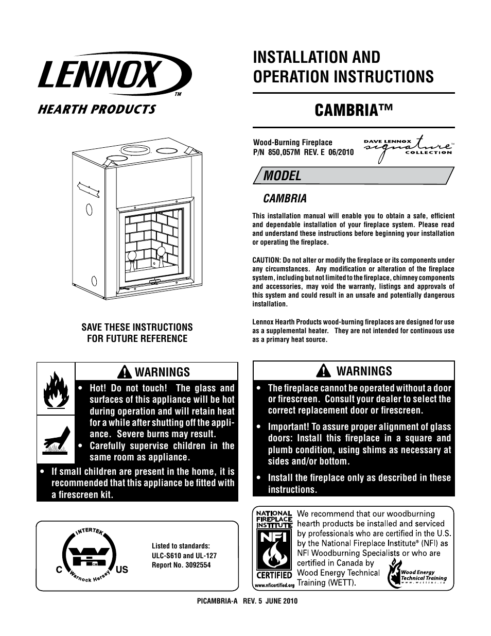 Lennox Hearth CAMBRIA 850 User Manual | 26 pages