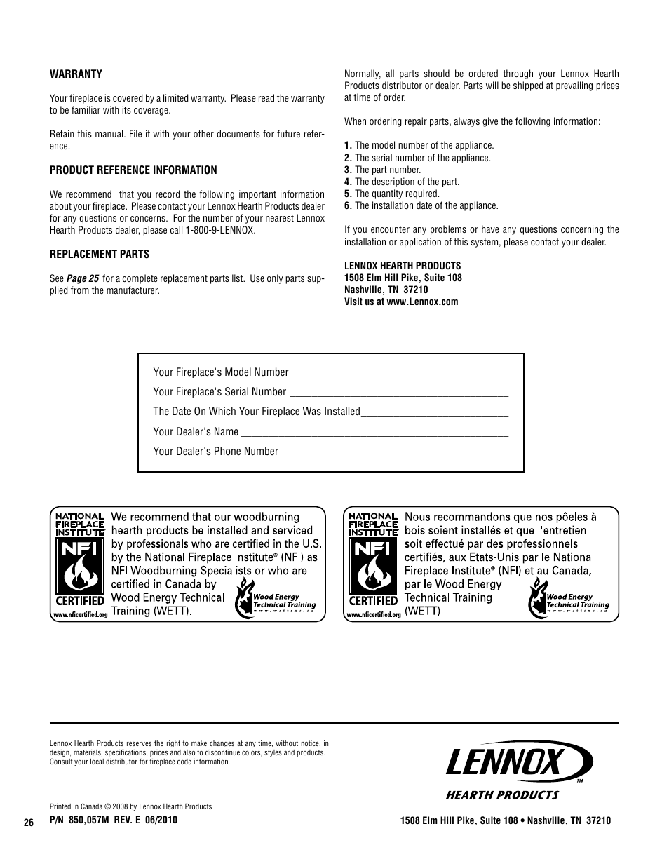 Lennox Hearth CAMBRIA 850 User Manual | Page 26 / 26