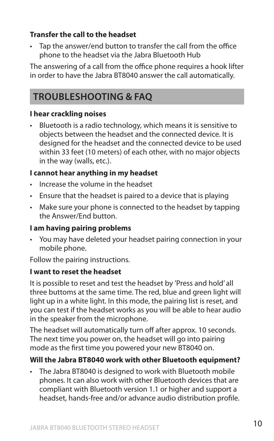 En g li sh, Troubleshooting & faq | Lennox Hearth BT8040 User Manual | Page 10 / 16