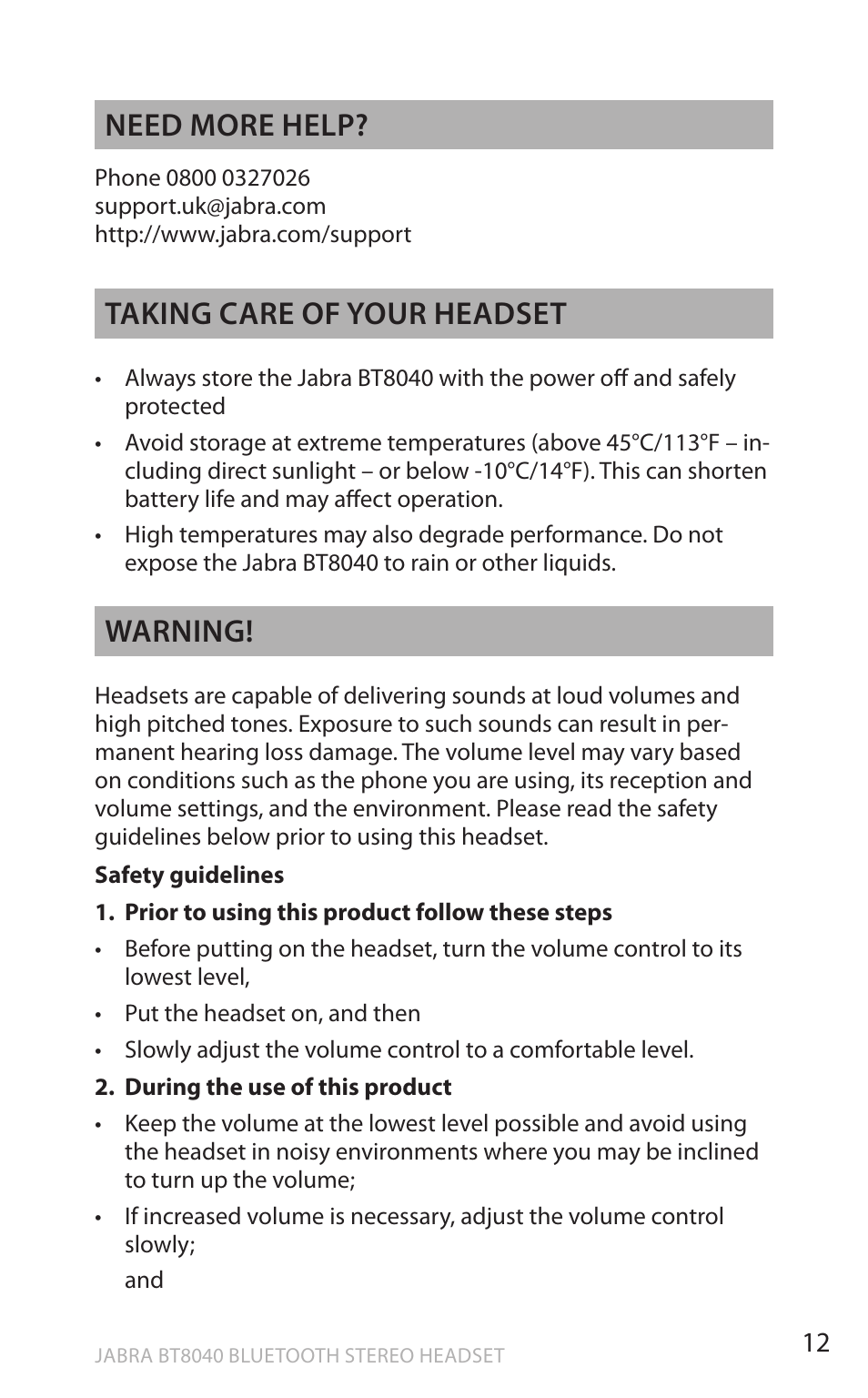 En g li sh, Need more help, Taking care of your headset | Warning | Lennox Hearth BT8040 User Manual | Page 12 / 16