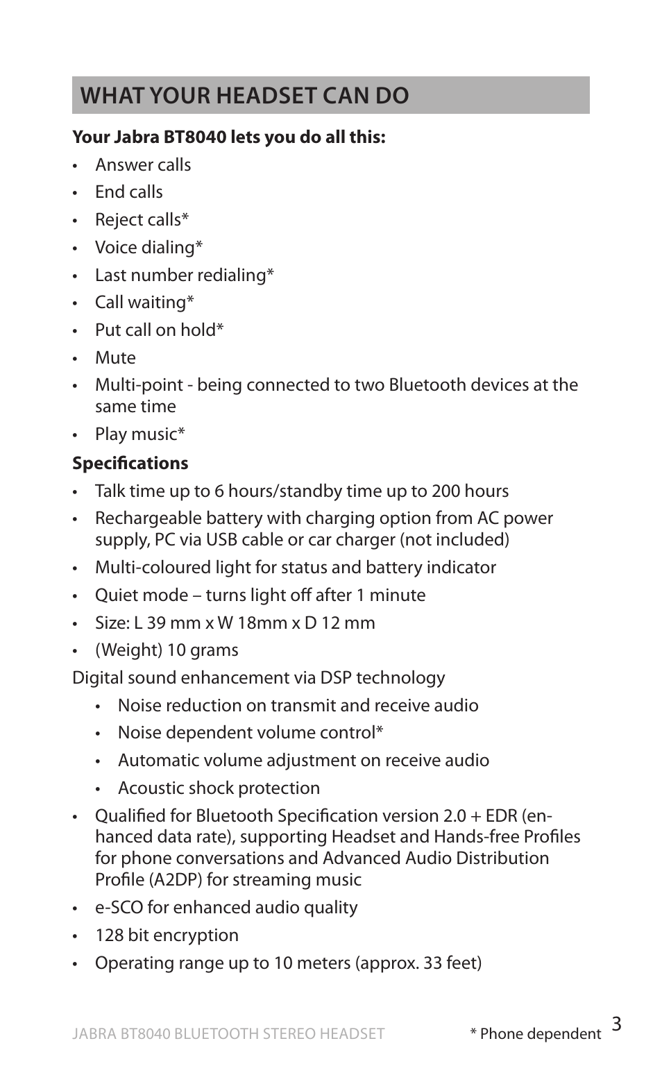 En g li sh, What your headset can do | Lennox Hearth BT8040 User Manual | Page 3 / 16