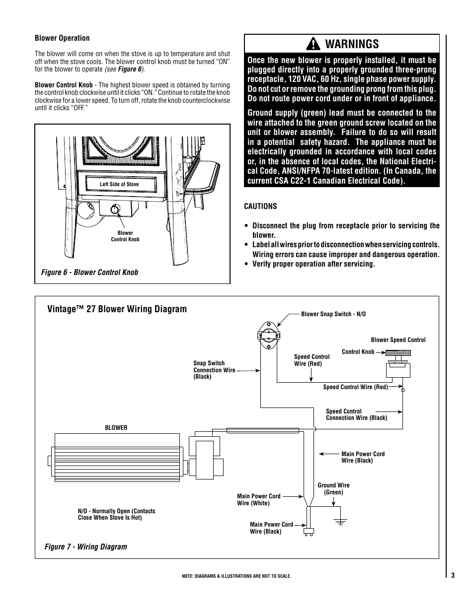 Warnings, Vintage™ 27 blower wiring diagram | Lennox Hearth 775202M User Manual | Page 3 / 4