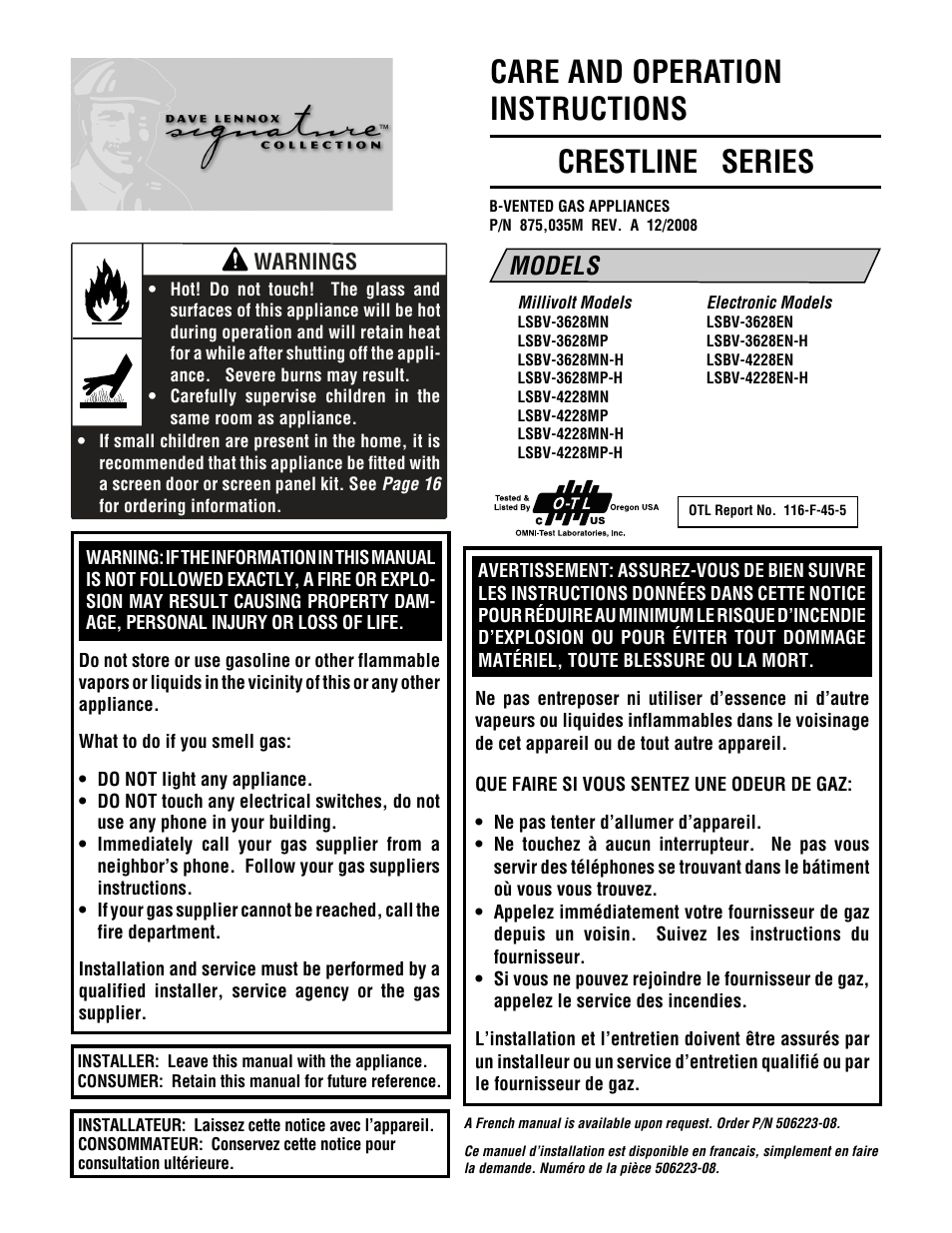 Lennox Hearth Crestline LSBV-3628MP-H User Manual | 24 pages