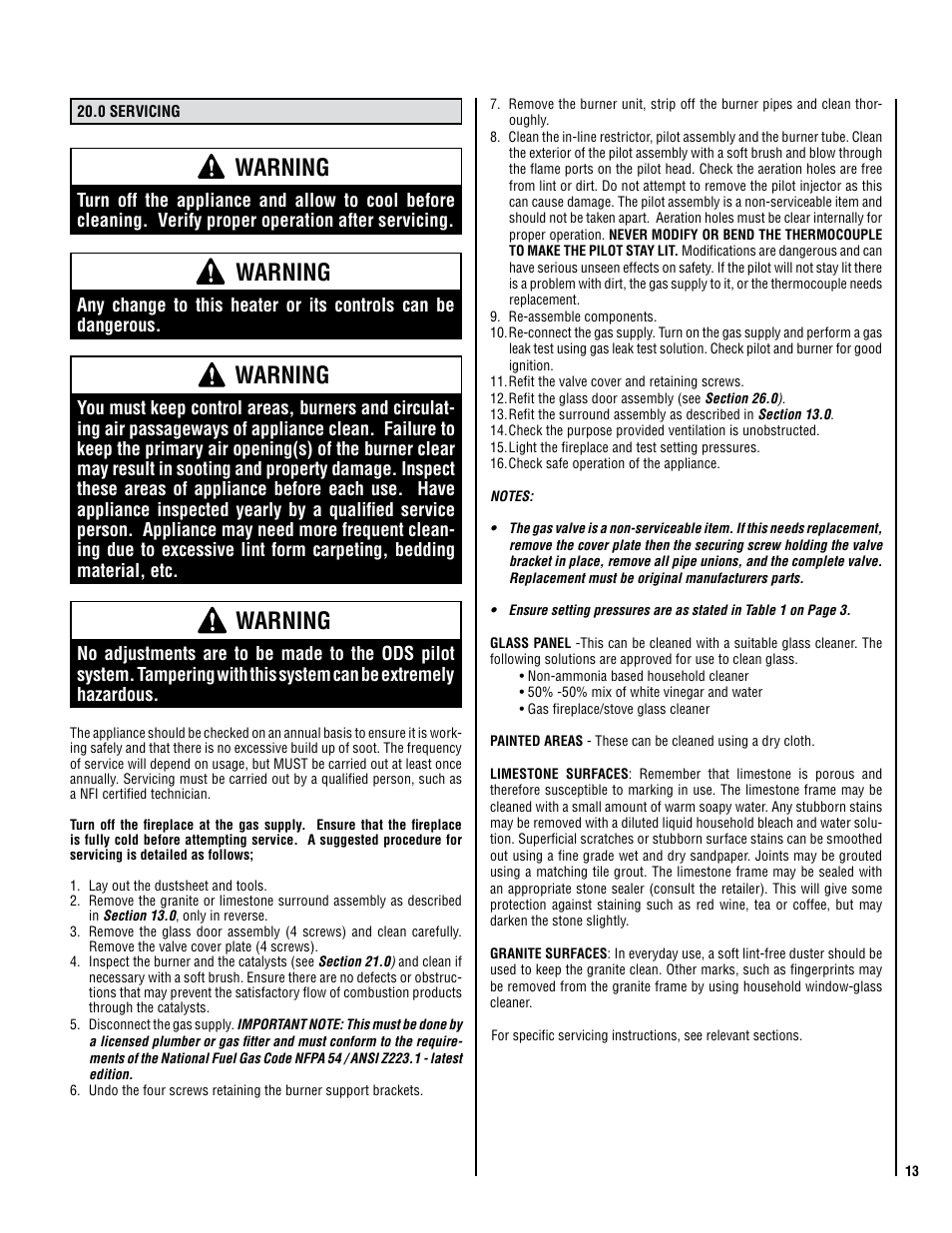 Warning | Lennox Hearth 1000 User Manual | Page 13 / 20