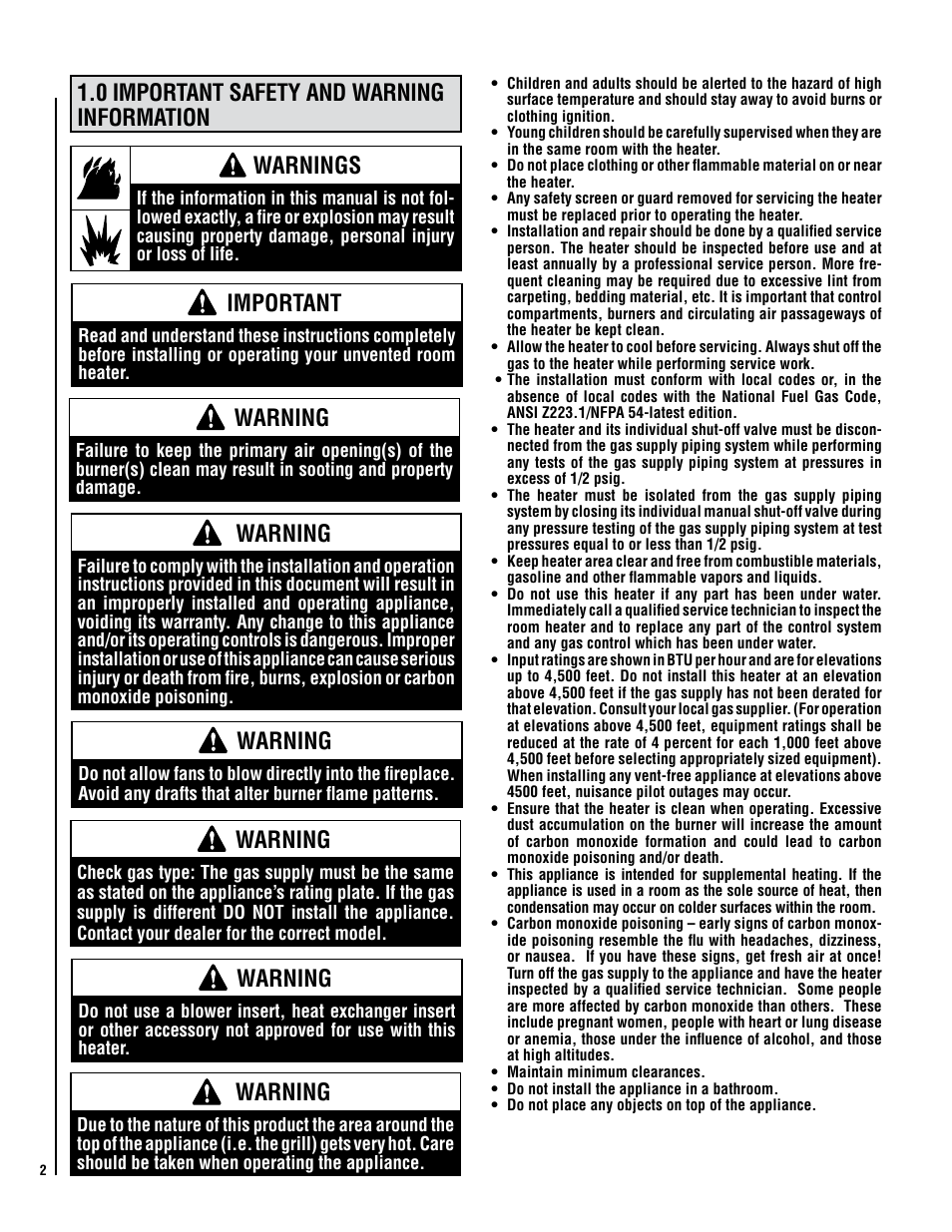 0 important safety and warning information, Warnings, Important | Warning | Lennox Hearth 1000 User Manual | Page 2 / 20