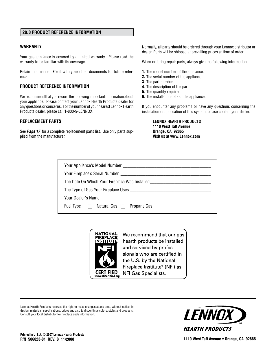 Lennox Hearth 1000 User Manual | Page 20 / 20