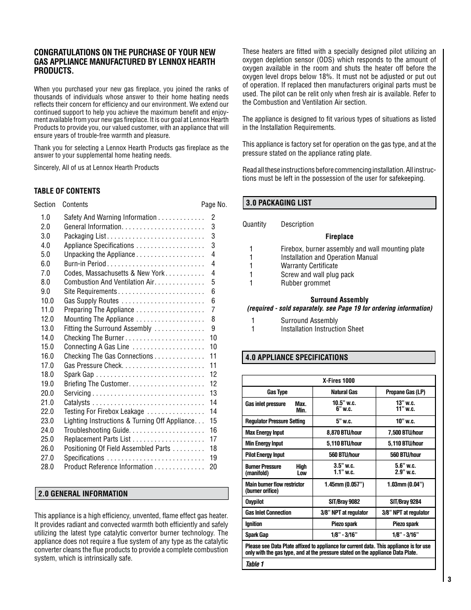 Lennox Hearth 1000 User Manual | Page 3 / 20