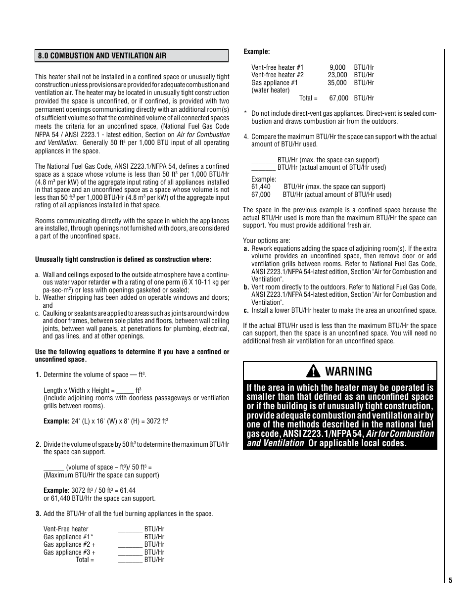Warning | Lennox Hearth 1000 User Manual | Page 5 / 20