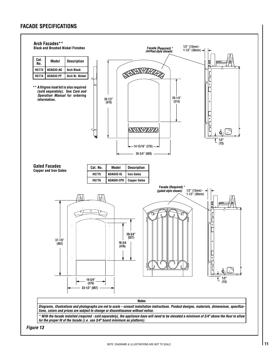 Facade specifications, Figure 13, Arch facades | Gated facades | Lennox Hearth ADAGIO-EN User Manual | Page 11 / 36