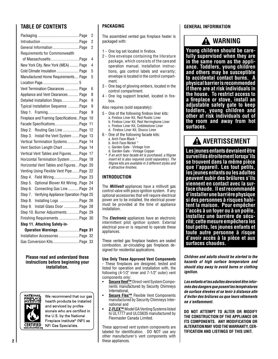 Warning, Avertissement | Lennox Hearth ADAGIO-EN User Manual | Page 2 / 36