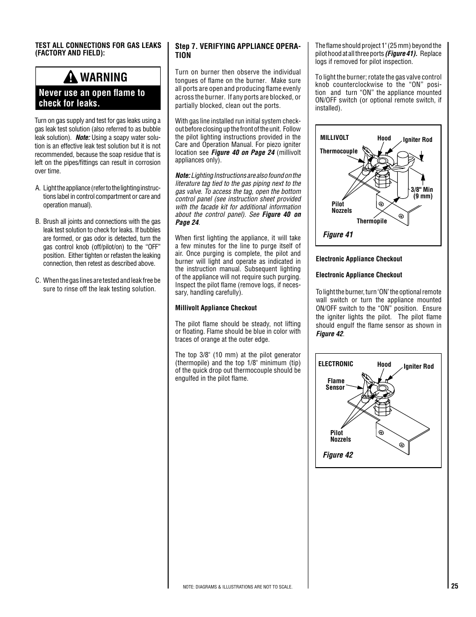 Warning, Never use an open flame to check for leaks | Lennox Hearth ADAGIO-EN User Manual | Page 25 / 36