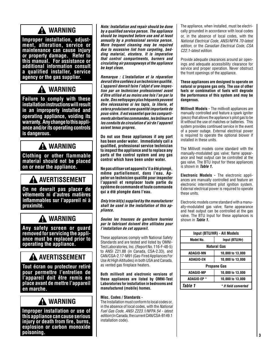 Warning, Avertissement | Lennox Hearth ADAGIO-EN User Manual | Page 3 / 36