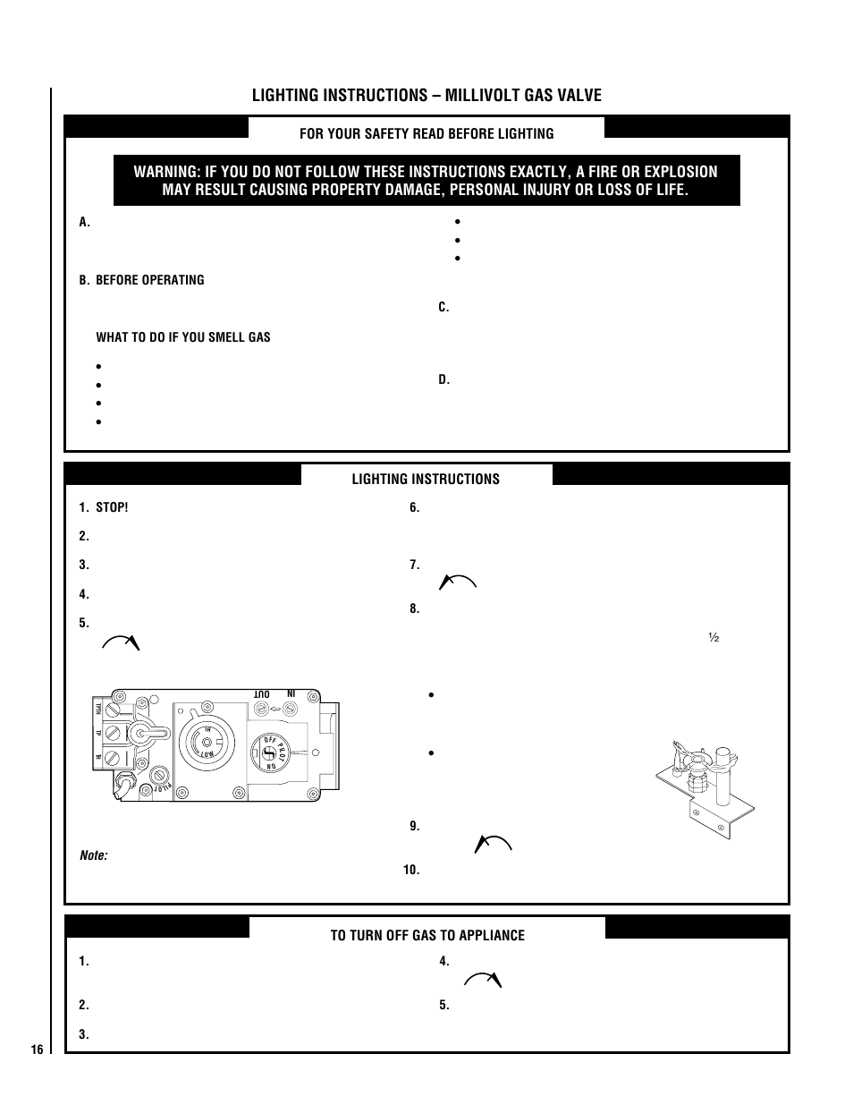 Lighting instructions – millivolt gas valve | Lennox Hearth EBVCLPM User Manual | Page 16 / 24
