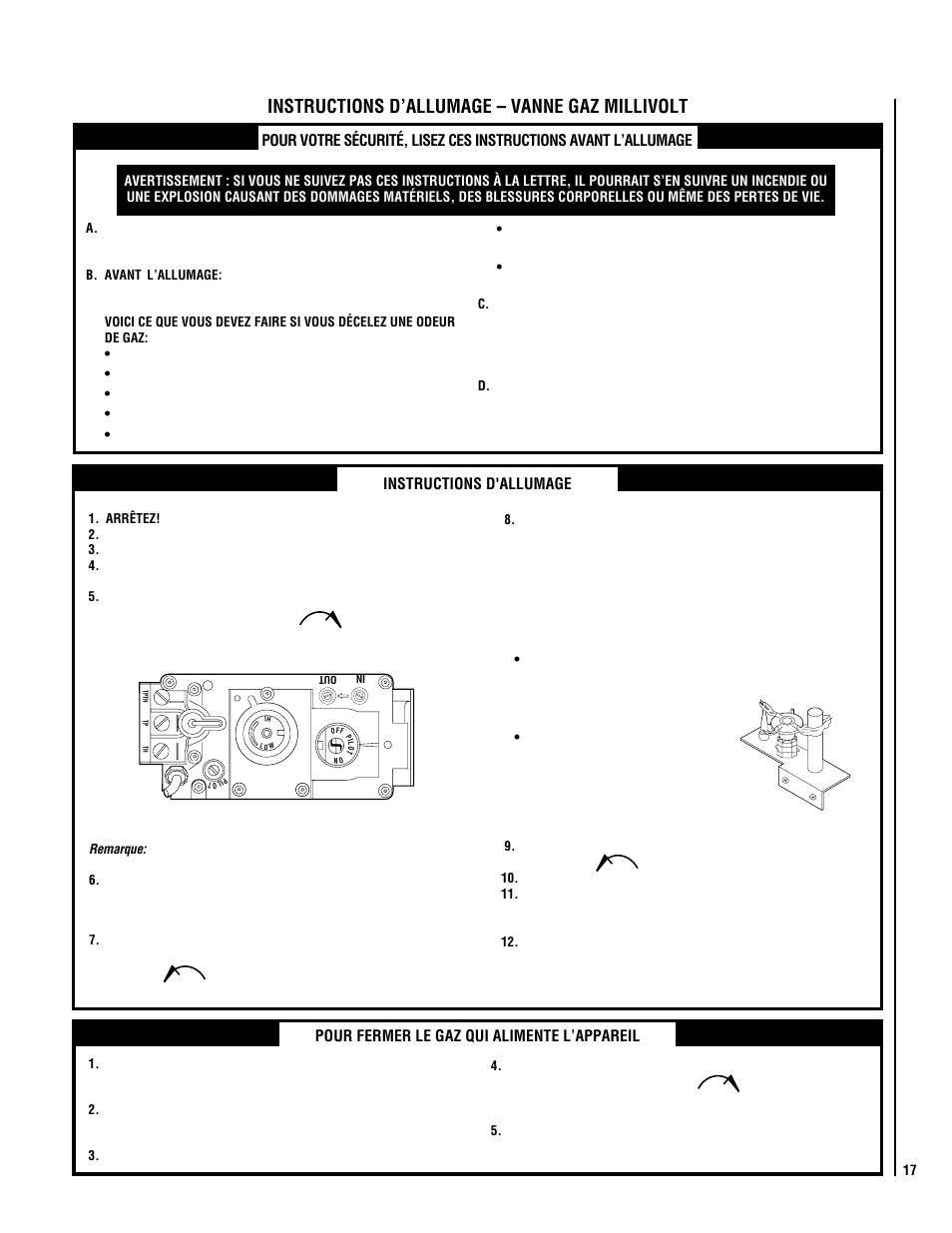 Instructions d’allumage – vanne gaz millivolt | Lennox Hearth EBVCLPM User Manual | Page 17 / 24