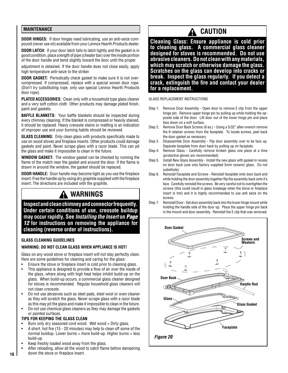 Caution, Warnings | Lennox Hearth C210 User Manual | Page 16 / 24