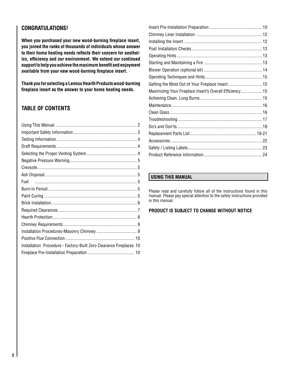 Lennox Hearth C210 User Manual | Page 2 / 24