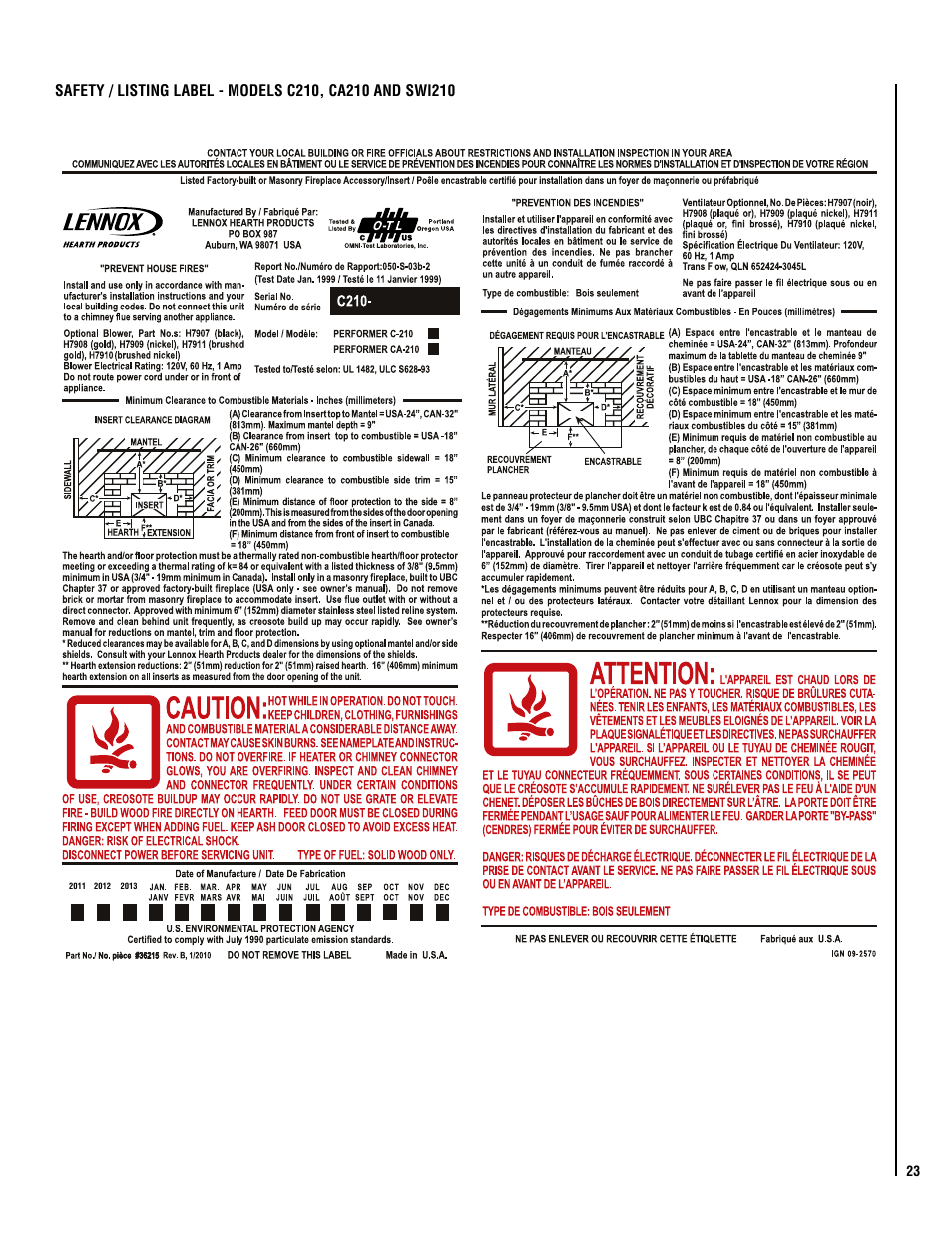 Lennox Hearth C210 User Manual | Page 23 / 24