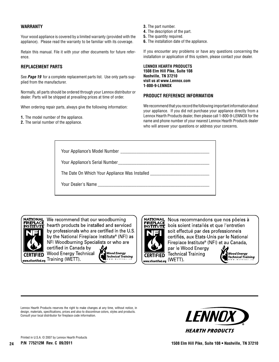 Lennox Hearth C210 User Manual | Page 24 / 24