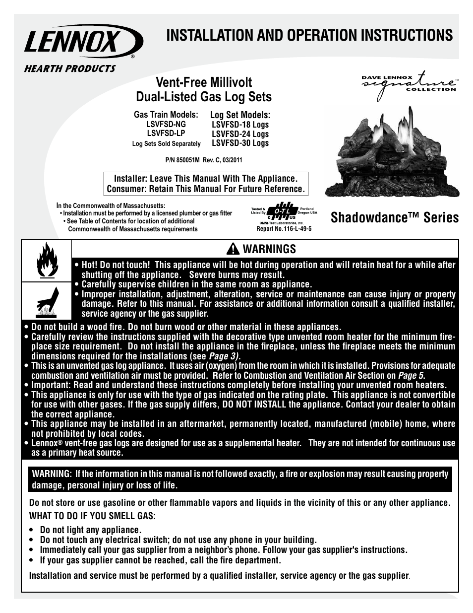 Lennox Hearth SHADOWDANCE LSVFSD-24 User Manual | 20 pages