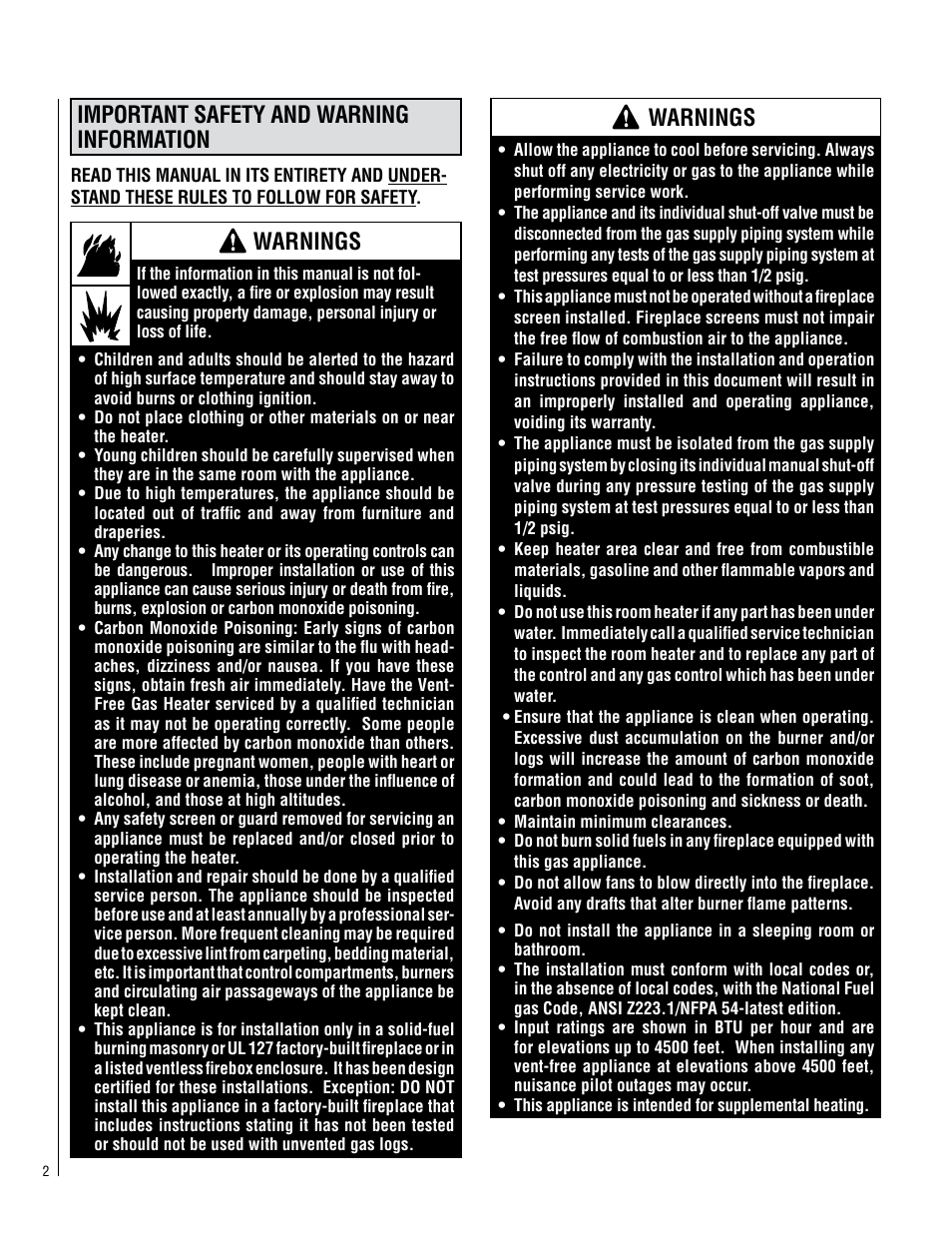 Important safety and warning information, Warnings | Lennox Hearth SHADOWDANCE LSVFSD-24 User Manual | Page 2 / 20