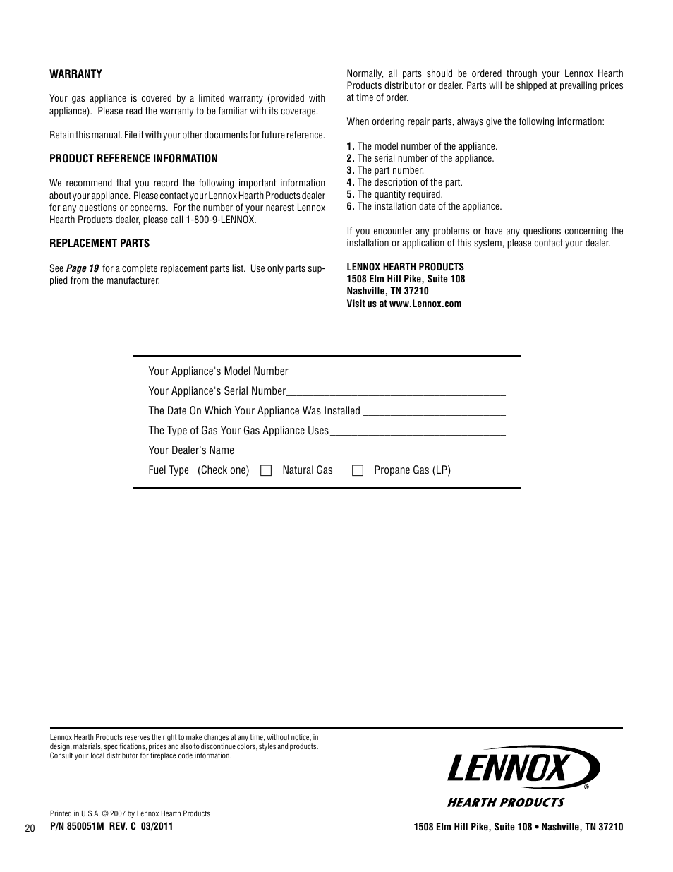 Lennox Hearth SHADOWDANCE LSVFSD-24 User Manual | Page 20 / 20