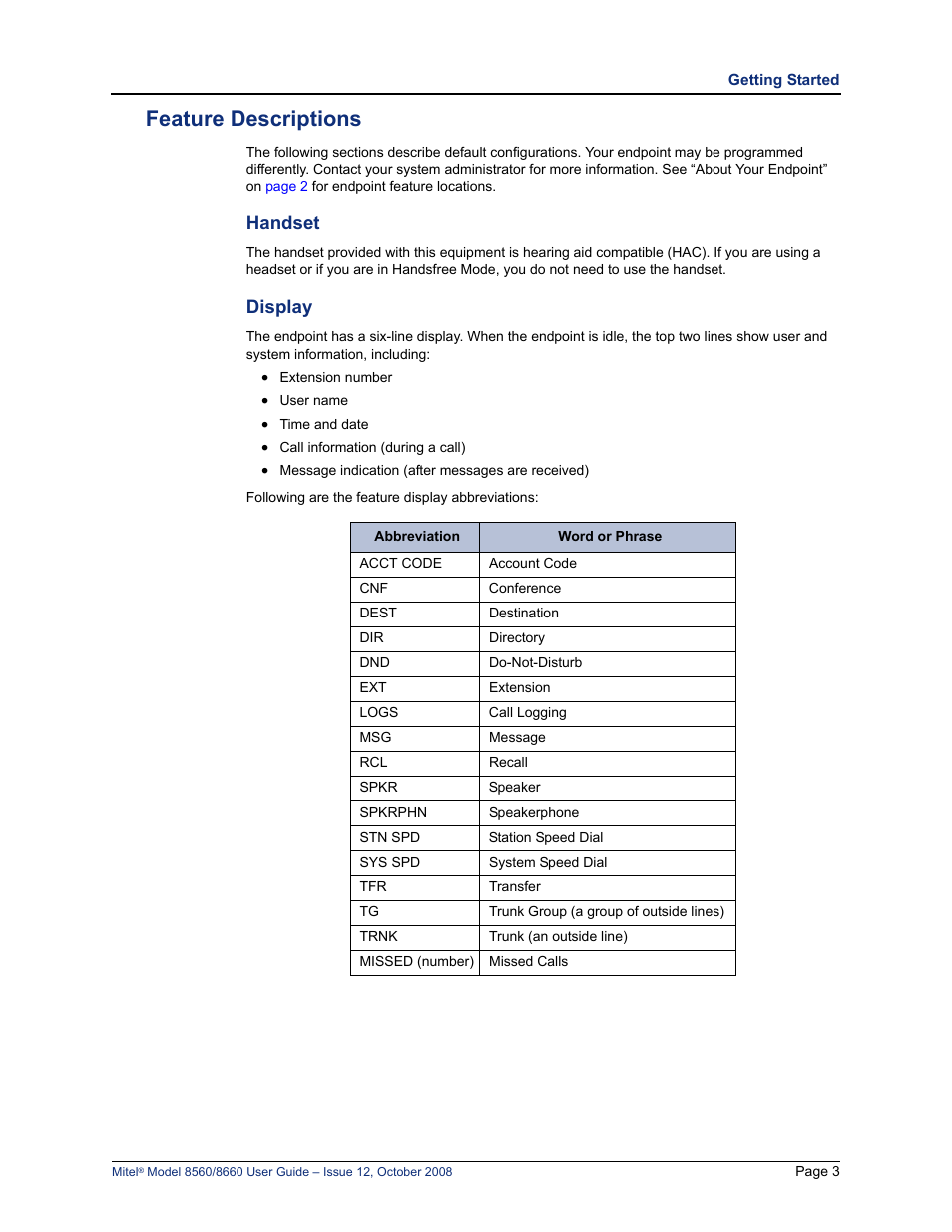 Feature descriptions, Handset display, Handset | Display | Lennox Hearth 8560 User Manual | Page 17 / 68