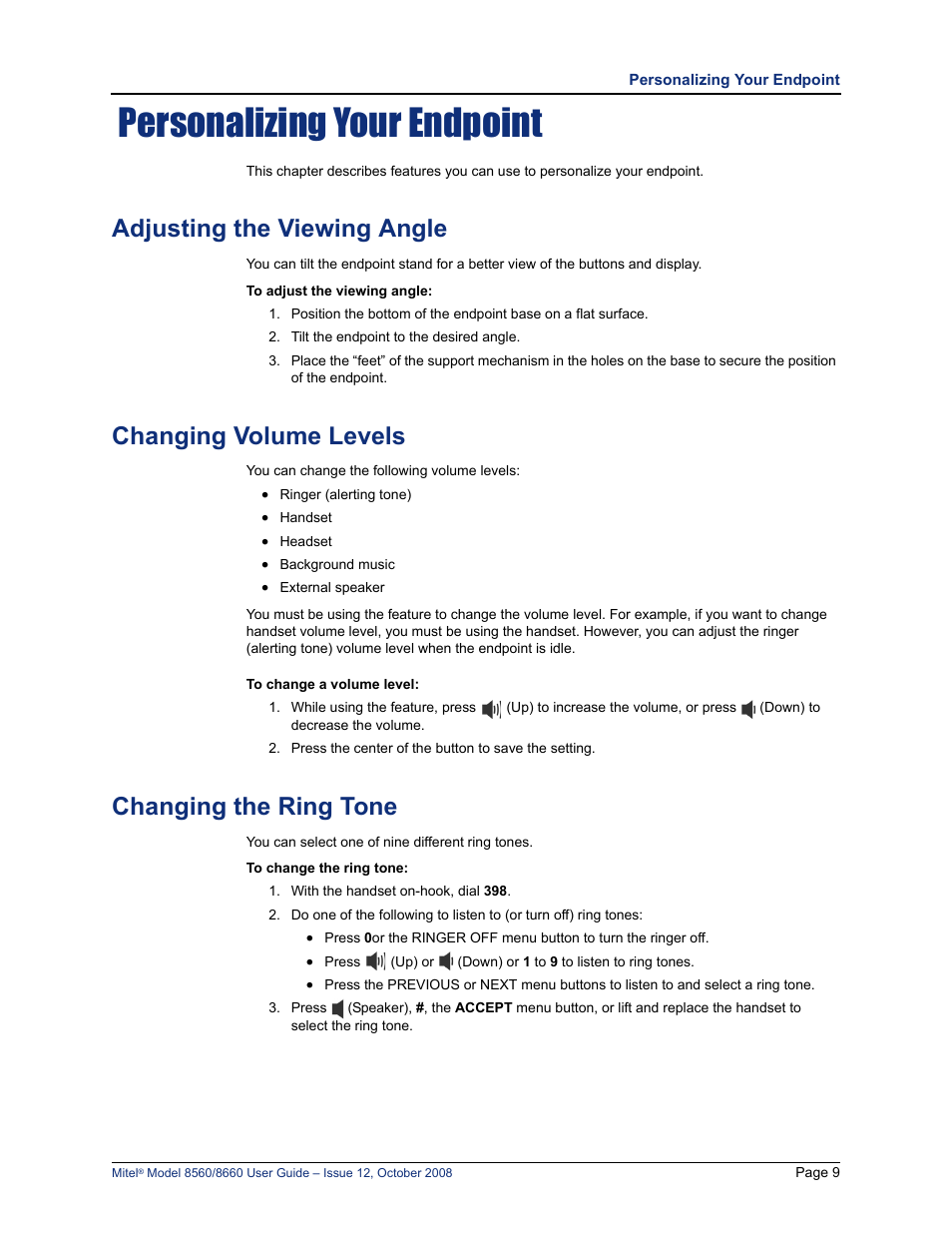 Personalizing your endpoint, Adjusting the viewing angle, Changing volume levels | Changing the ring tone, See “adjusting the viewing angle” on, Set. see “changing volume levels” on | Lennox Hearth 8560 User Manual | Page 23 / 68