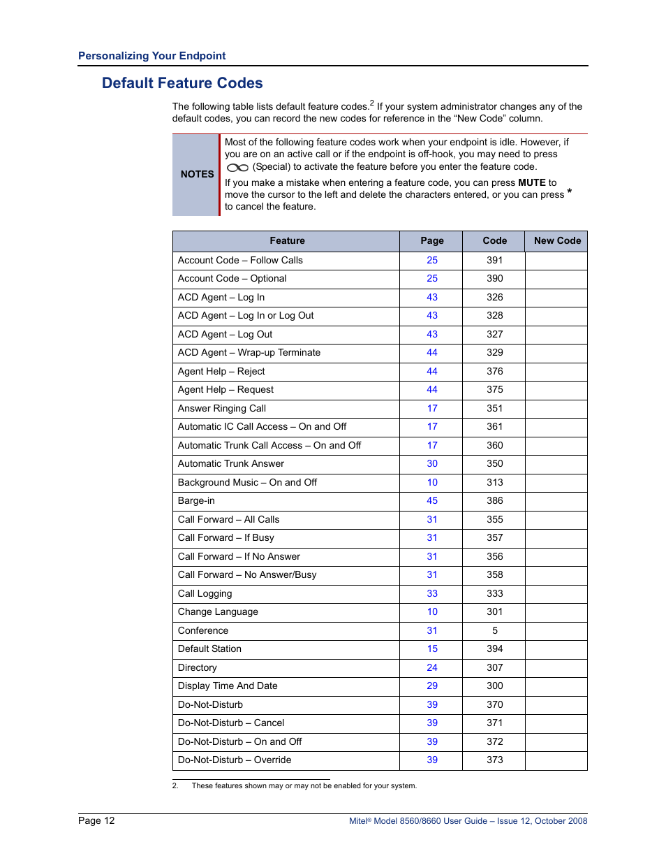 Default feature codes, Nd “default feature codes” on | Lennox Hearth 8560 User Manual | Page 26 / 68