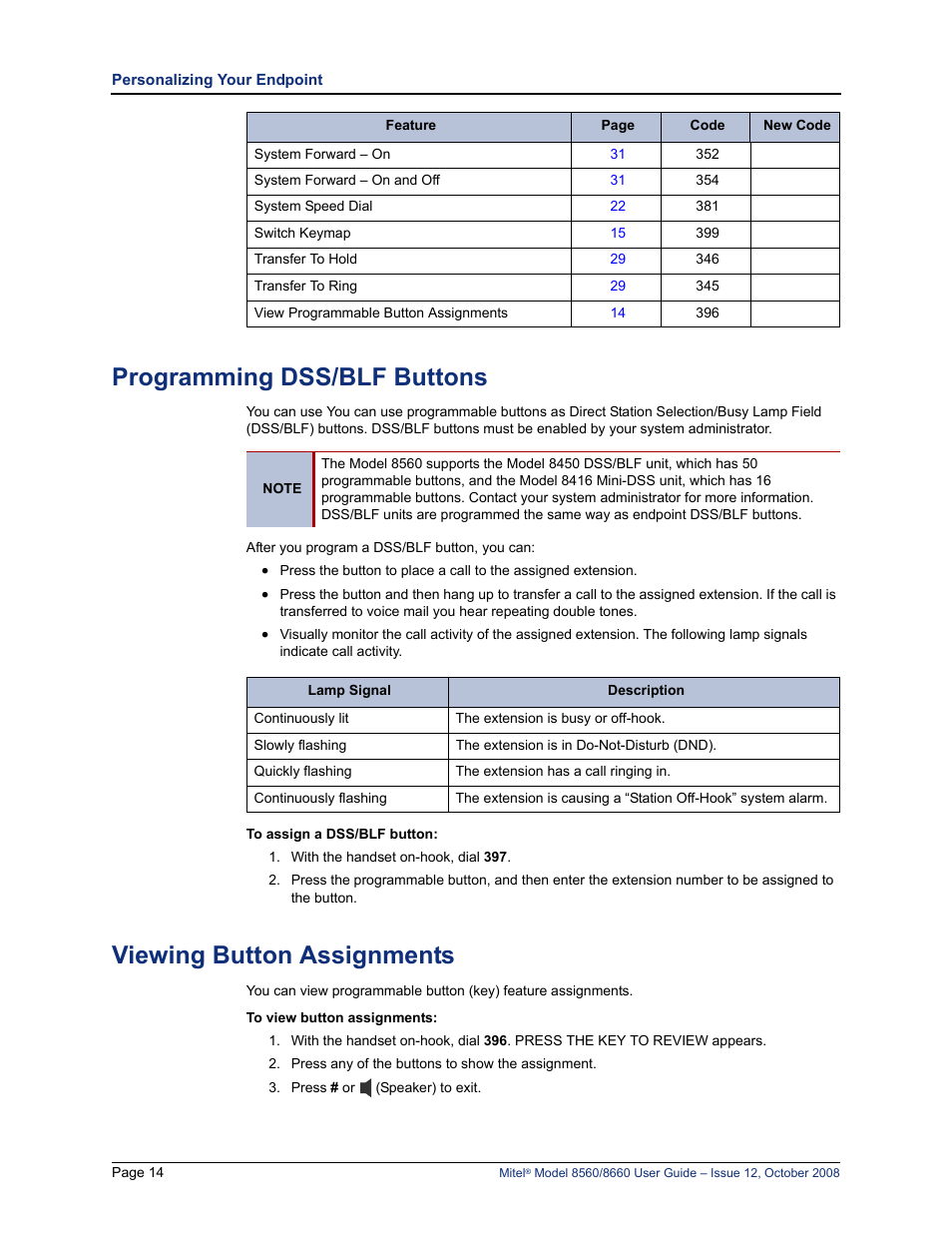 Programming dss/blf buttons, Viewing button assignments | Lennox Hearth 8560 User Manual | Page 28 / 68