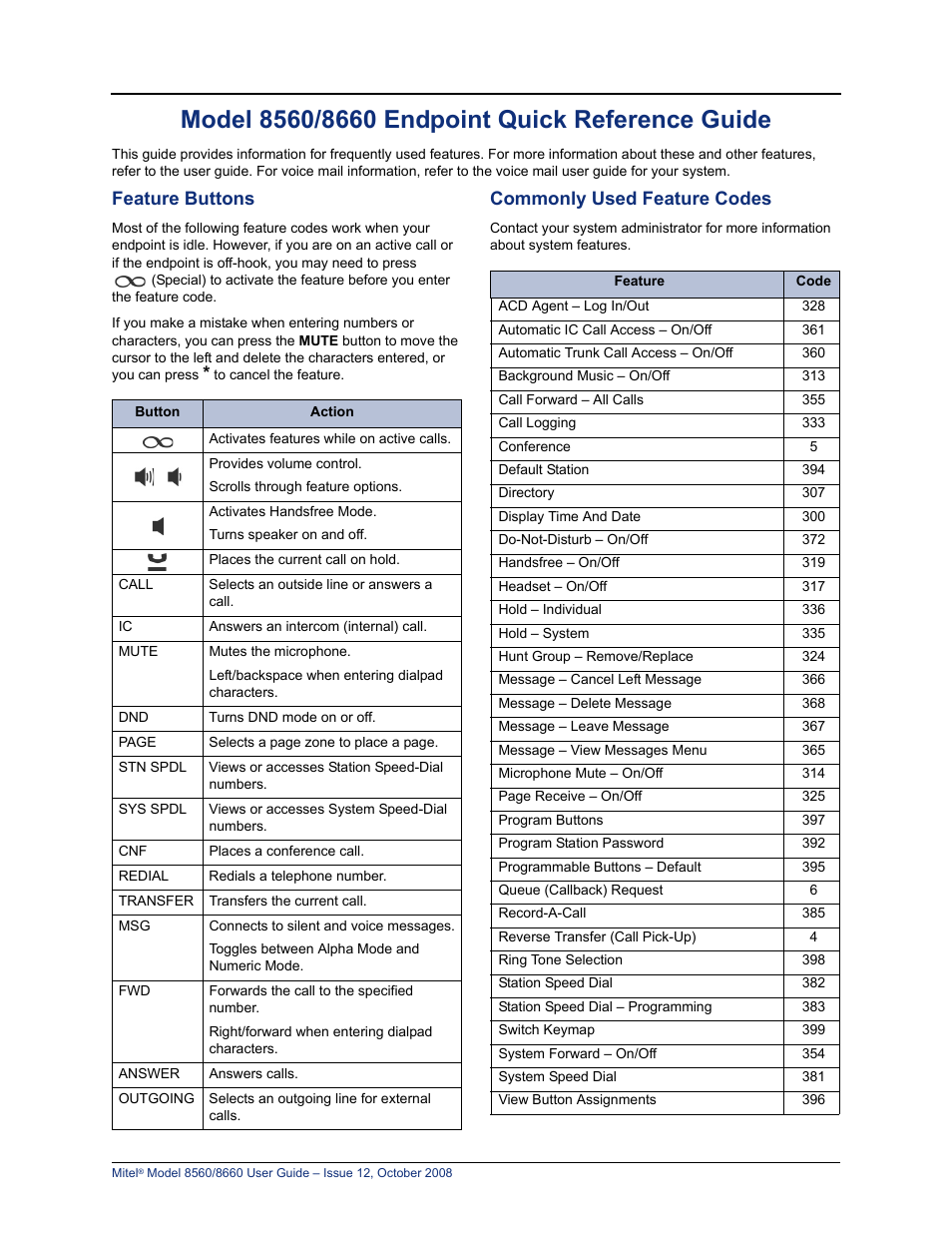 Quick reference guide, Feature buttons, Commonly used feature codes | Lennox Hearth 8560 User Manual | Page 3 / 68