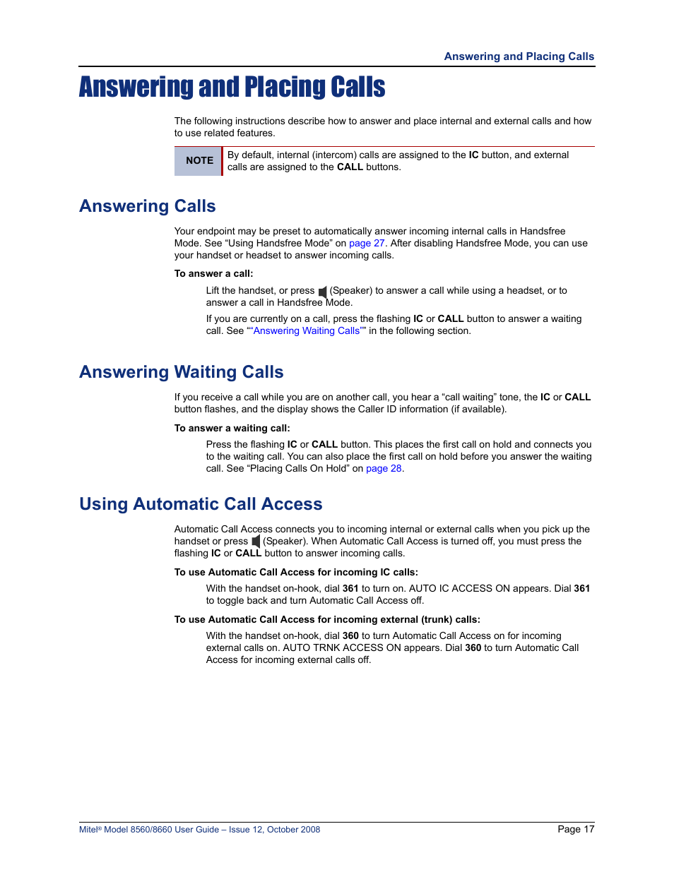 Answering and placing calls, Answering calls, Answering waiting calls | Using automatic call access | Lennox Hearth 8560 User Manual | Page 31 / 68