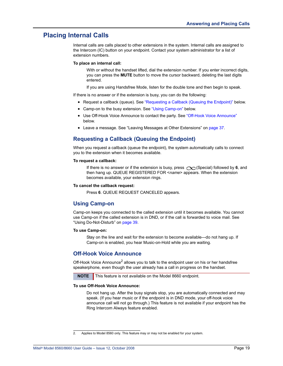 Placing internal calls, Requesting a callback (queuing the endpoint)” on, Requesting a callback (queuing the endpoint) | Using camp-on, Off-hook voice announce | Lennox Hearth 8560 User Manual | Page 33 / 68