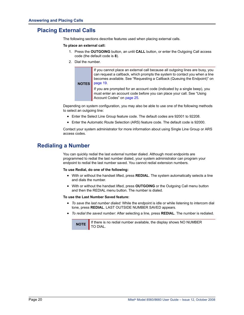 Placing external calls, Redialing a number, Placing external calls redialing a number | Lennox Hearth 8560 User Manual | Page 34 / 68