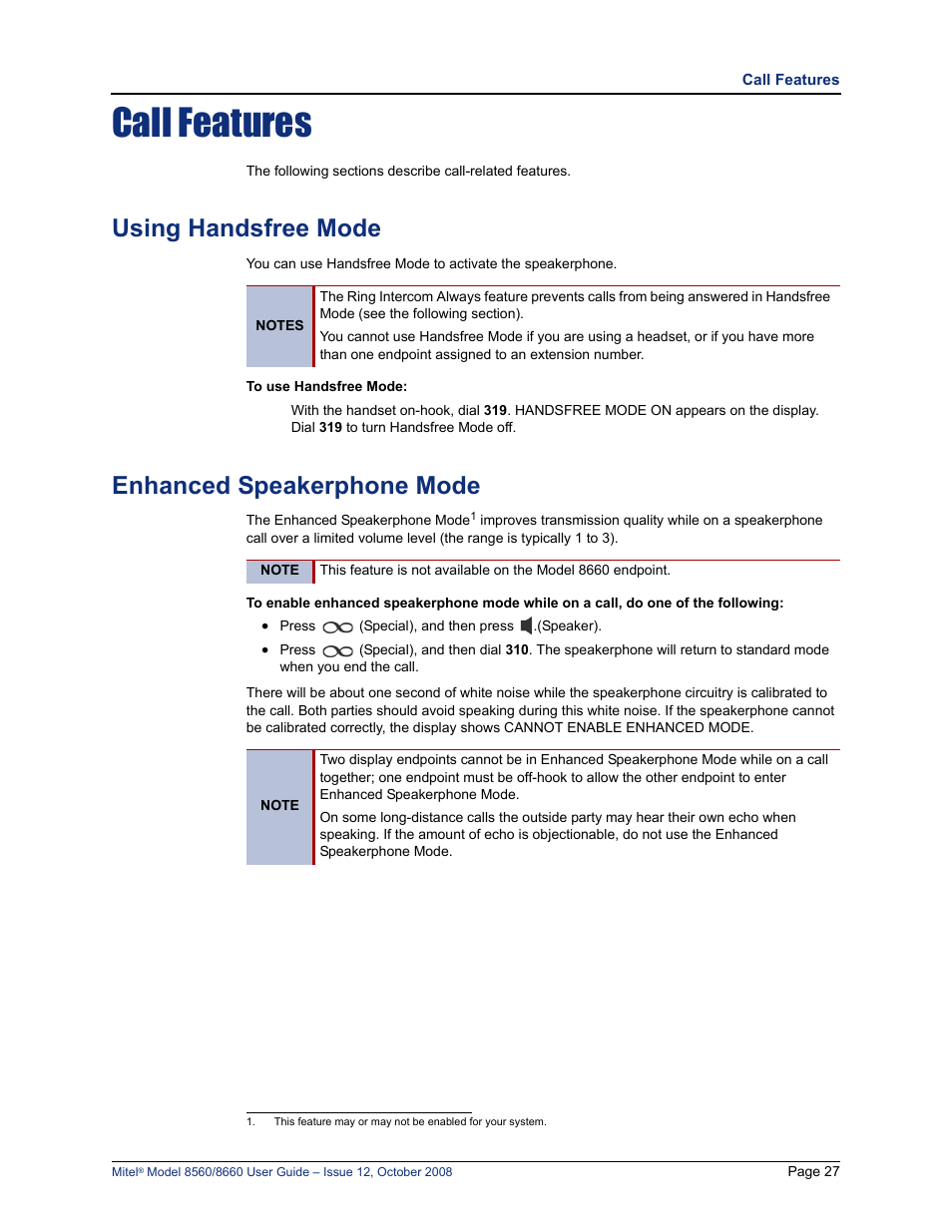 Call features, Using handsfree mode, Enhanced speakerphone mode | E “using handsfree mode” on, Using handsfree mode” on, Mode. see “using handsfree mode” on | Lennox Hearth 8560 User Manual | Page 41 / 68