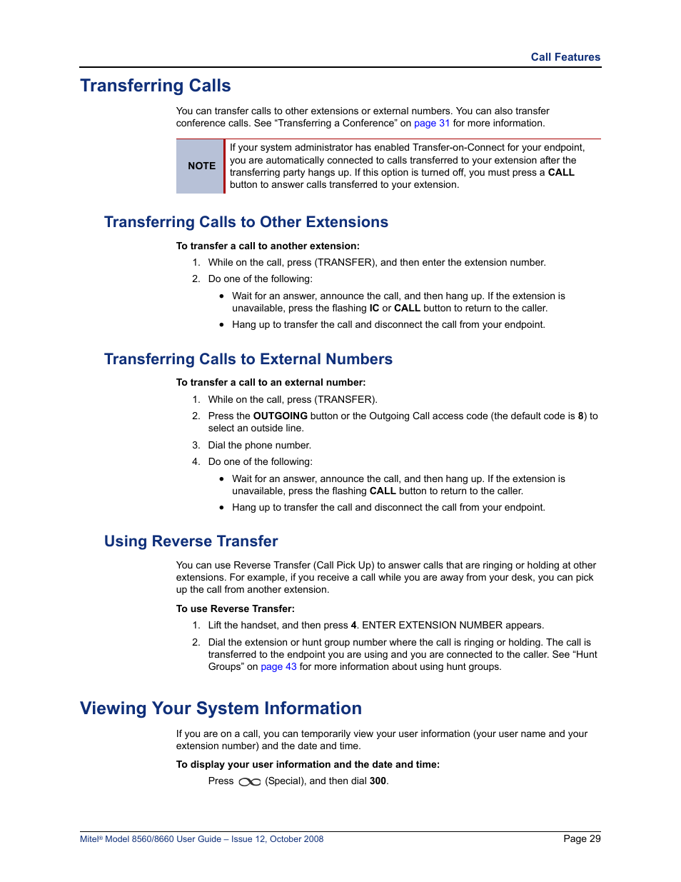 Transferring calls, Transferring calls to other extensions, Transferring calls to external numbers | Using reverse transfer, Viewing your system information | Lennox Hearth 8560 User Manual | Page 43 / 68