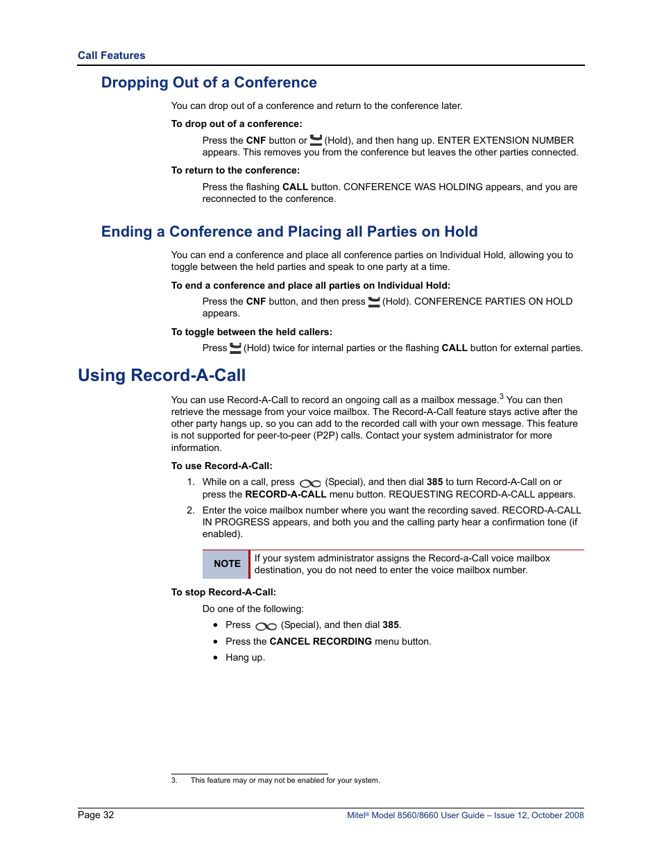 Dropping out of a conference, Using record-a-call | Lennox Hearth 8560 User Manual | Page 46 / 68