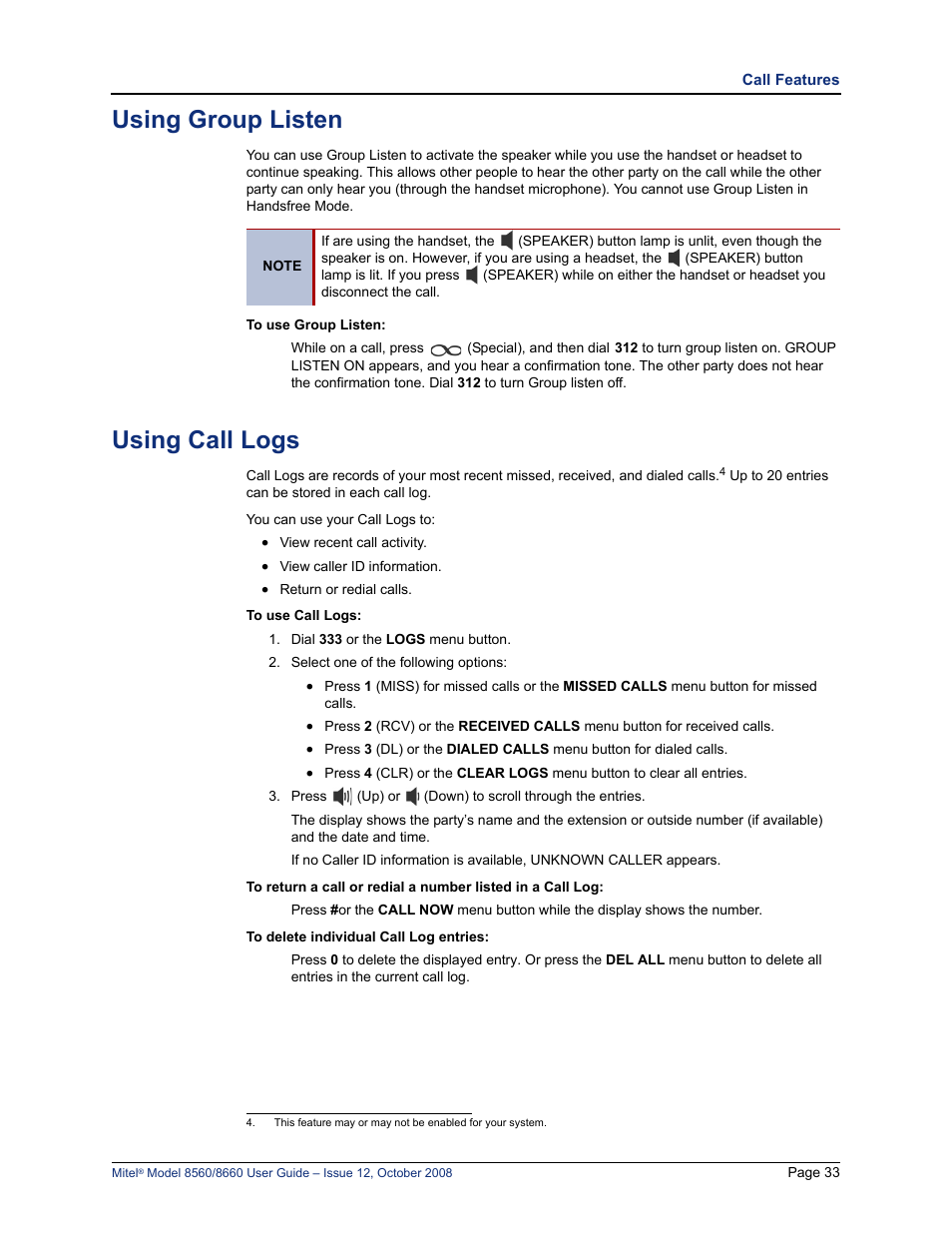 Using group listen, Using call logs | Lennox Hearth 8560 User Manual | Page 47 / 68