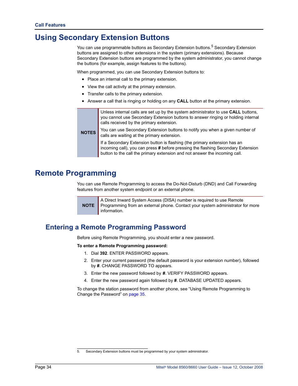 Using secondary extension buttons, Remote programming, Entering a remote programming password | Lennox Hearth 8560 User Manual | Page 48 / 68